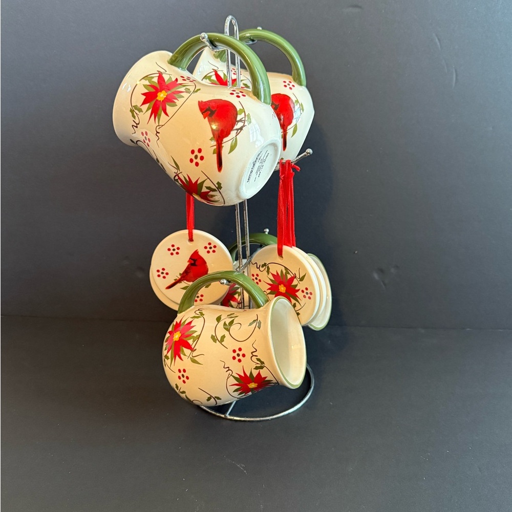 Set of 4 Temptations Old World Poinsettia 16 Oz Mug Cardinal Ornament Christmas